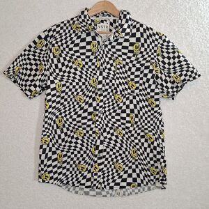 Checkered Psychedelic Men's Sz L Button Down Shirt Smiley Face 60s/70s Trippy